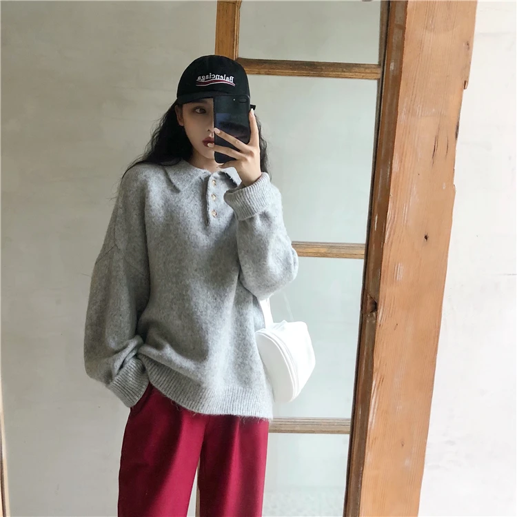 Женский свитер с отложным воротником однотонный винтажный Повседневный