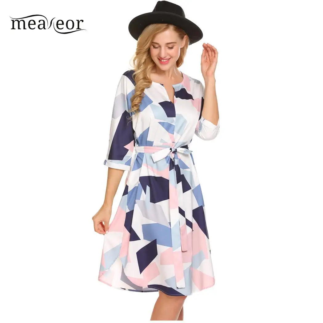 Женское платье с цветочным принтом Meaneor модное поясом и рукавом 3/4 геометрическим
