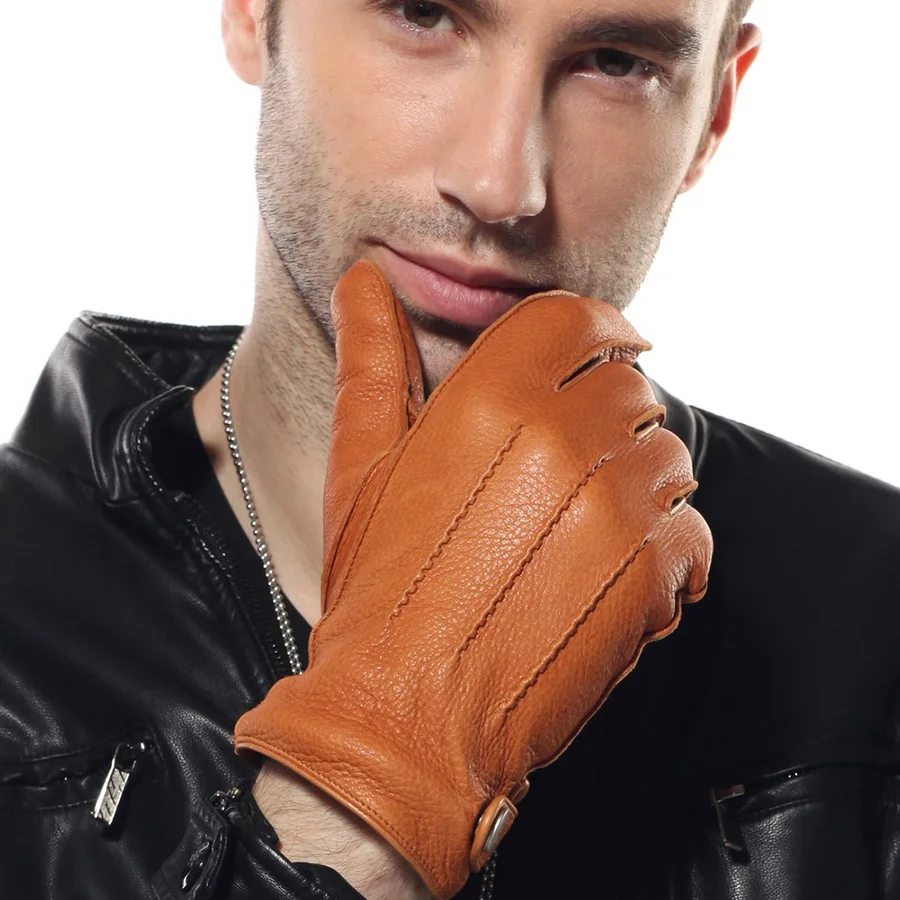 Men Genuine Leather New Rushed  Gloves Luxury Deerskin Glove High Quality Wrist Driving Winter Cashmere Lining EM012WR