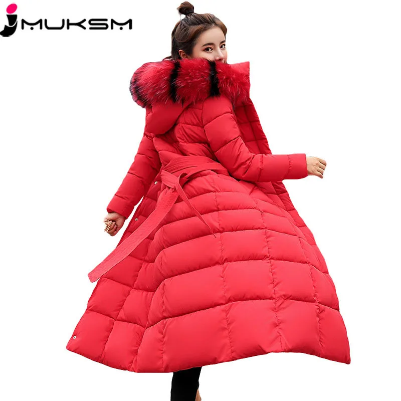 2018 women's cotton jacket hooded fur collar long winter jackets fashion warm parkas coat waist belt slim jaqueta feminina YZ835 | Женская