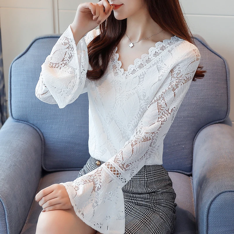 130# Autumn Clothing Horn Sleeve Hook Flower Hollow Lace Long Woman Blusas Femininas Blouse 2 Pieces Vadim Tops Womens |