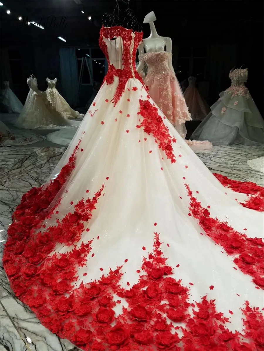 modabelle Romantic Red Lace Flower Wedding Dress With 100cm Train Ball Gowns Luxuriant Bridal Dress Lace Up Robe De Mariage