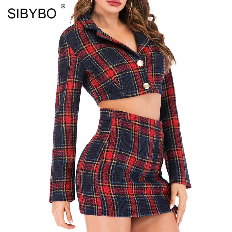 Sibybo, клетчатое, с принтом, с зубцами, мини, сексуальное, облегающее платье, весна, с длинным рукавом, имперский комплект из двух частей, платье для женщин, на пуговицах, вечерние платья