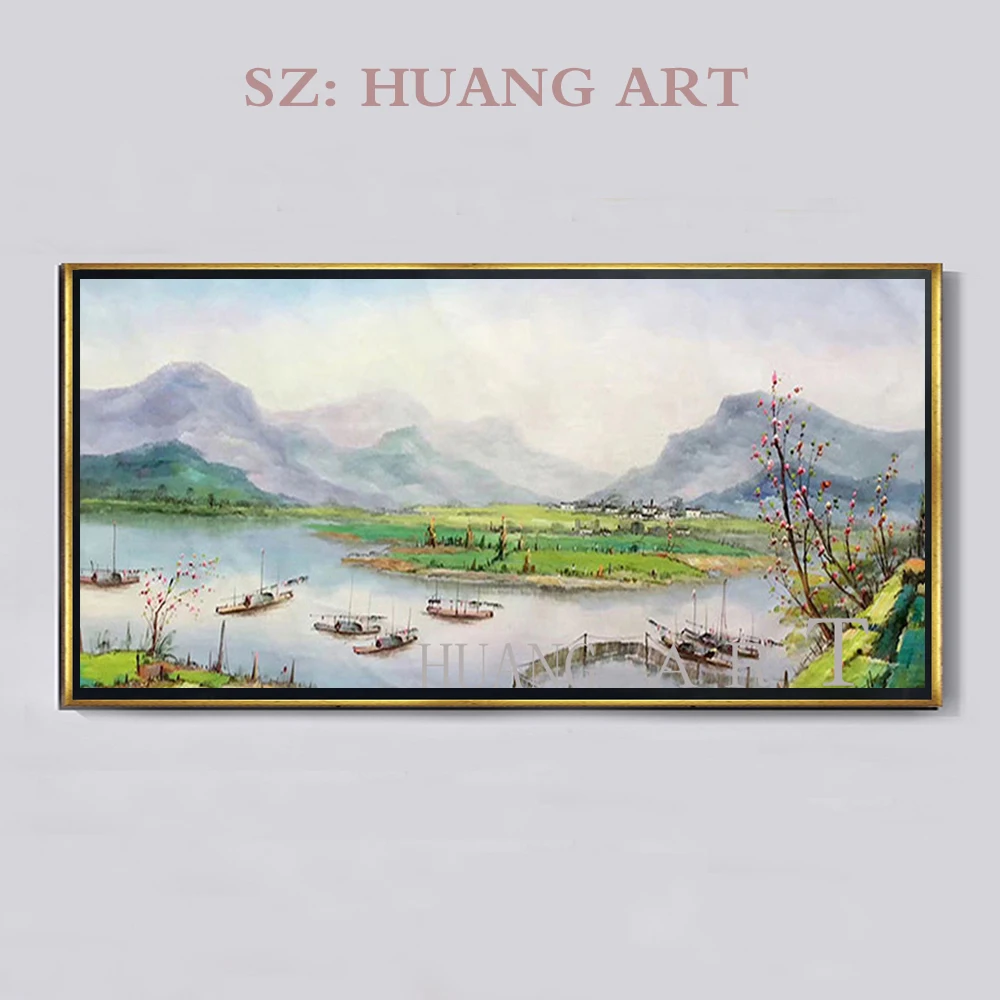 

The boat peach blossom Spring scenery Hand Painted Pictures On Canvas Mountain Landscape For Living Room Paintings CorOriginal
