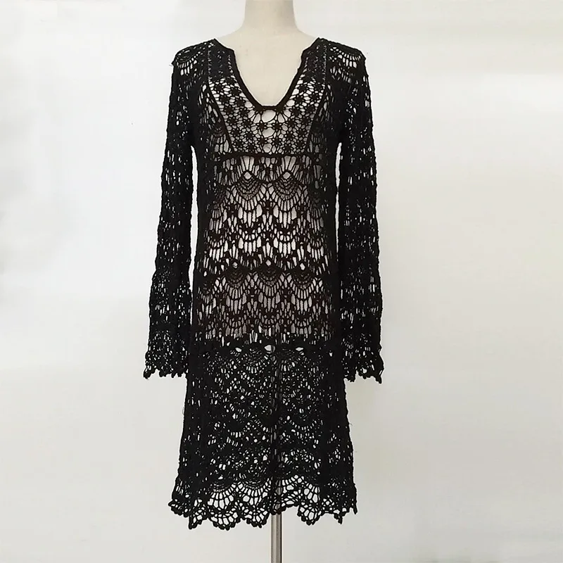 

2018 Sexy Beach Cover up Crochet White Deep V Swimwear Dress Ladies Bathing Suit Flower Cover ups Beach Tunic Saida de Praia