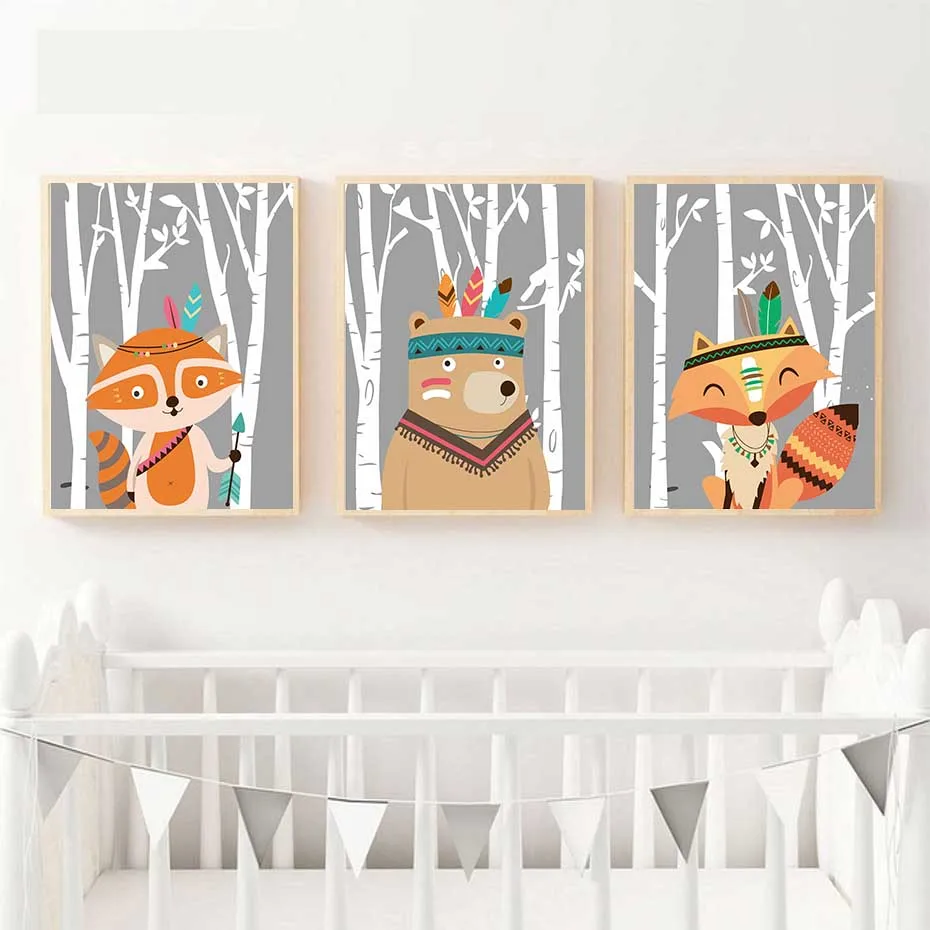 Племя Лесной животных Медведь Лиса стены искусства холст живопись скандинавские