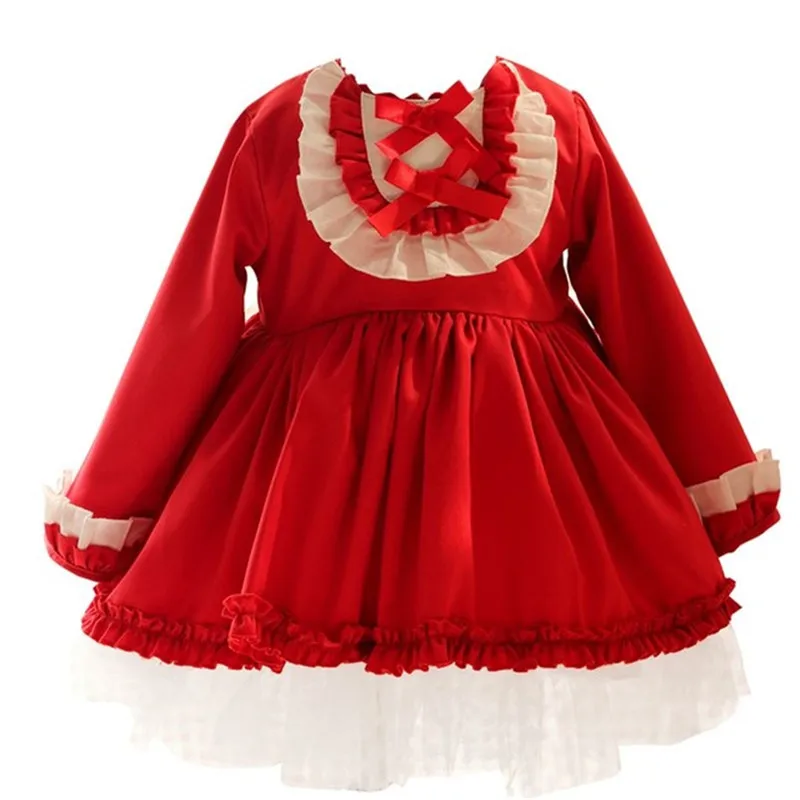 Autumn Winter Spanish Kids Dresses for Girls Patchwork Baby Dress With Bow Hat Long Sleeve Robe Fille Christmas Party Pink | Детская