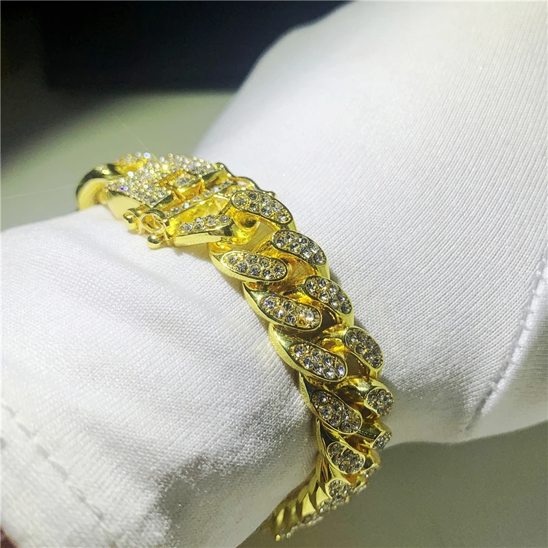 Мужские хип-хоп золотые браслеты 5А циркониевые хрустальные ювелирные изделия