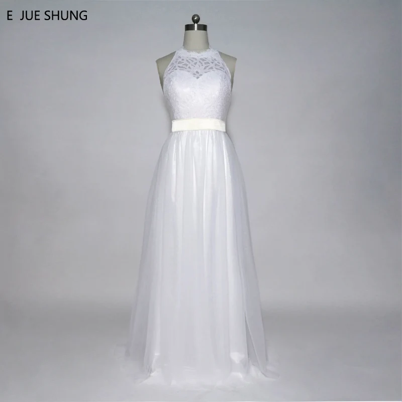 

E JUE SHUNG White Lace Beach Wedding Dresses Sash A-line Halter Backless Boho Bridal Gowns Robe De Soiree