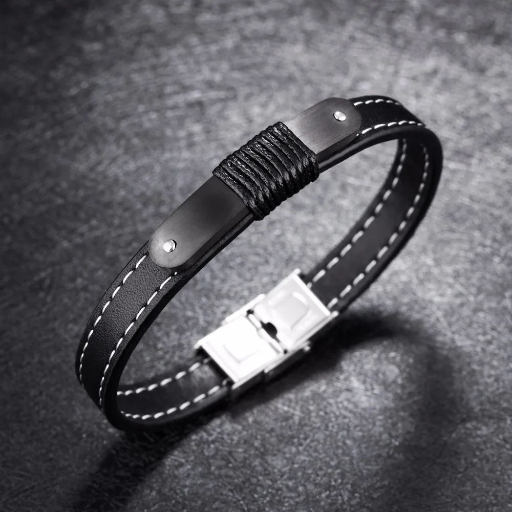 Черный плетеный кожаный мужской спортивный браслет из нержавеющей стали Ретро