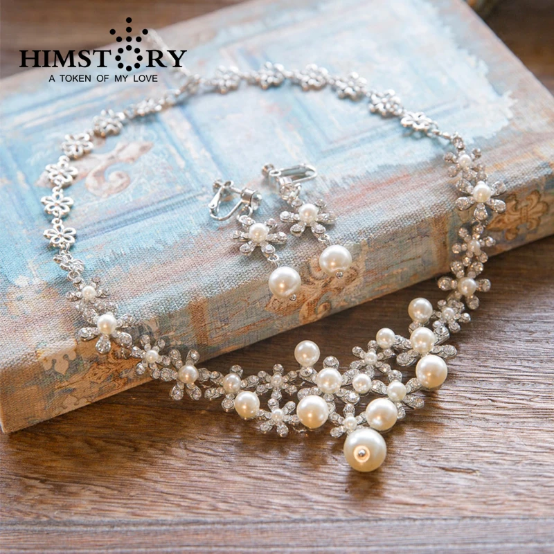 

Fashion Elegance Silver Plated Sunflower Floral Pearl Rhinestones Wedding Party Necklace And Earring Set