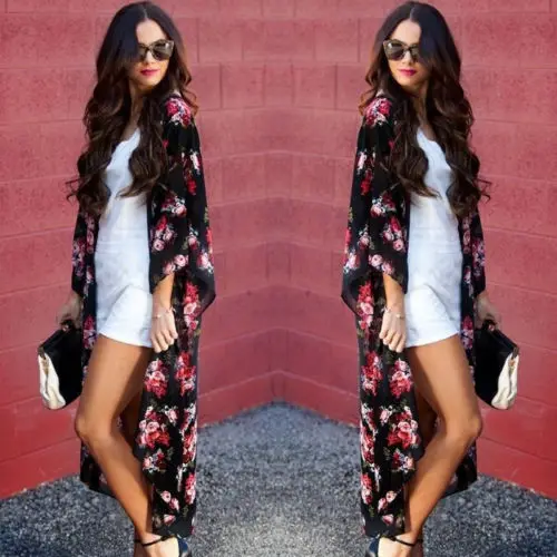 Женское пляжное кимоно с цветочным принтом свободное шифоновое пальто-Топ