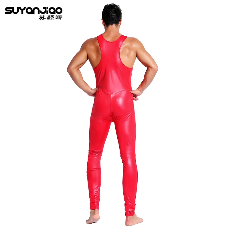 2XL Black Red Patent Leather Sexy Mens Zipper Open Crotch Catsuit Spandex Zentai Bodysuit Male Erotic Party Clubwear New | Тематическая