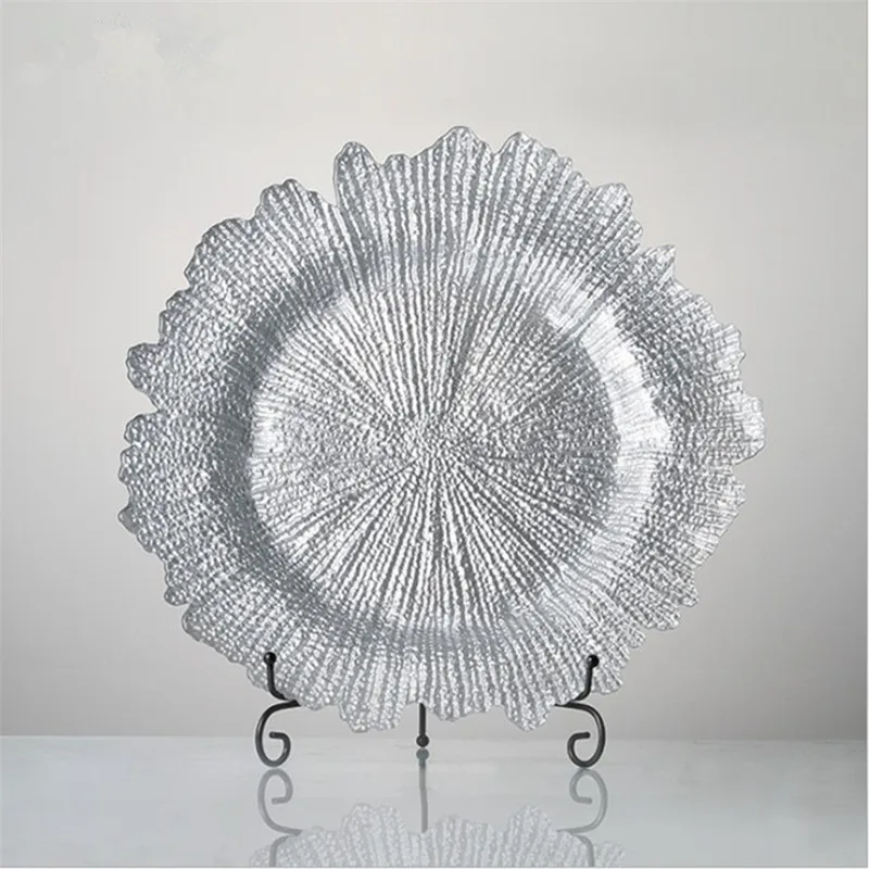 Silver 1 шт. тарелки с зарядным устройством, Золотая стеклянная тарелка, круглая десертная тарелка, тарелка с зарядным устройством, набор столовых приборов для свадебной вечеринки, Декор - Цвет: Silver