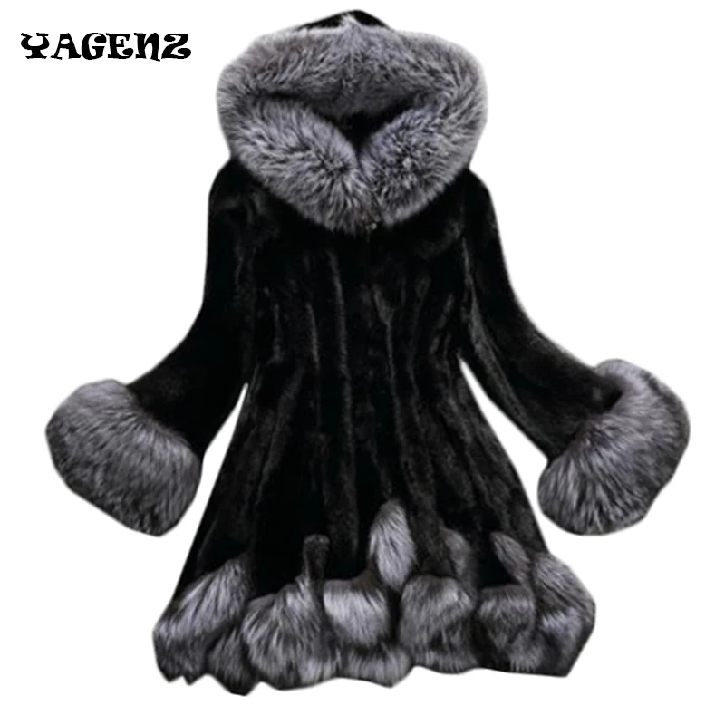 

2020 Winter Women faux Fur Coat Jacket Super Warm Large Fur Collar Hooded Mink Fur Coat Medium long Overcoat Women Hooded Coat