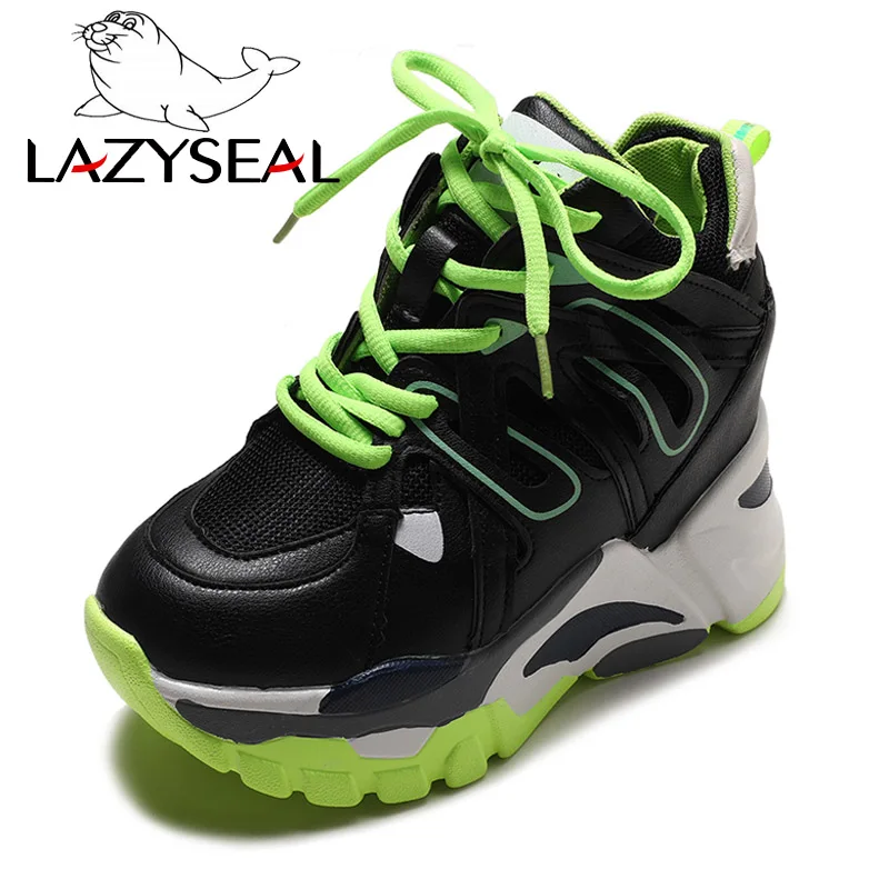 LazySeal кроссовки, увеличивающие рост, из сетчатого материала; женская обувь; Новые ботильоны на массивном каблуке; женские кроссовки на платформе; женская обувь - Цвет: Black
