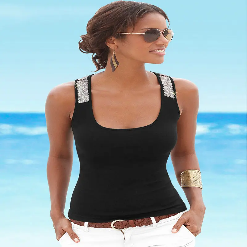 Горячая 2019 Лето Уличная Для женщин бретели топы пайетки шить площади рубашка без