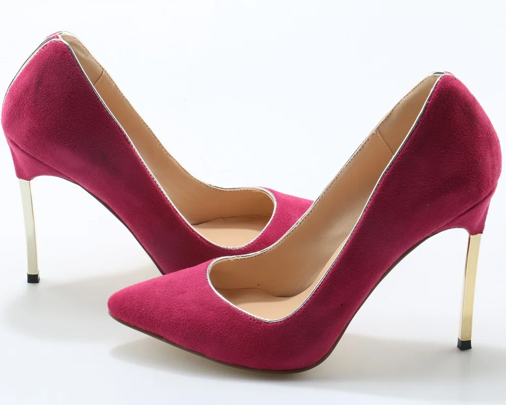 Hot Pink Faux Suede Leather Ladies Sexy High Heels Gold Rim Blade Heel Stiletto Shalow Slip On Pumps Dress Shoes | Обувь