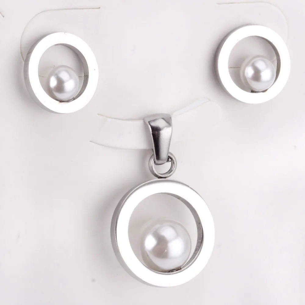 Комплект из колье и серёг LUXUSTEEL нержавеющей стали с круглым искусственным