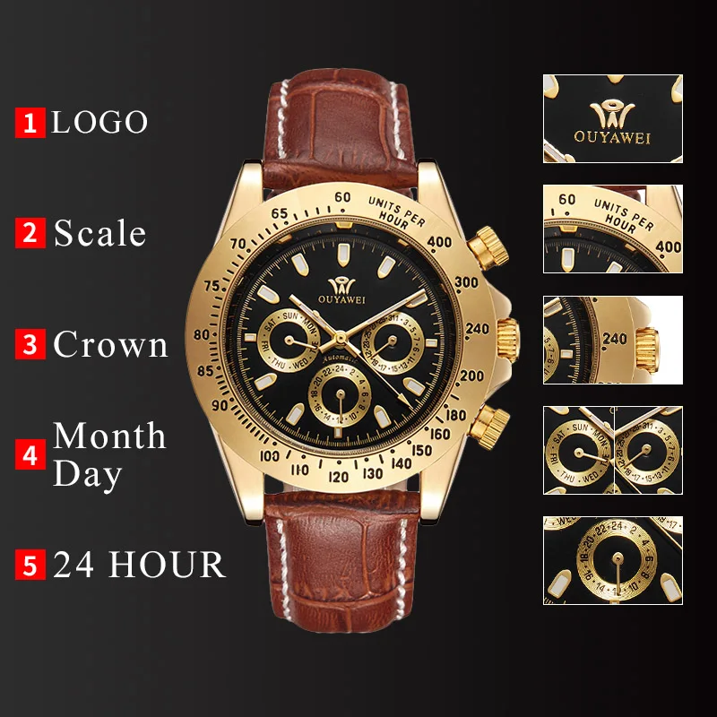 OUYAWEI автоматические мужские часы Montre Homme с кожаным ремешком водонепроницаемые