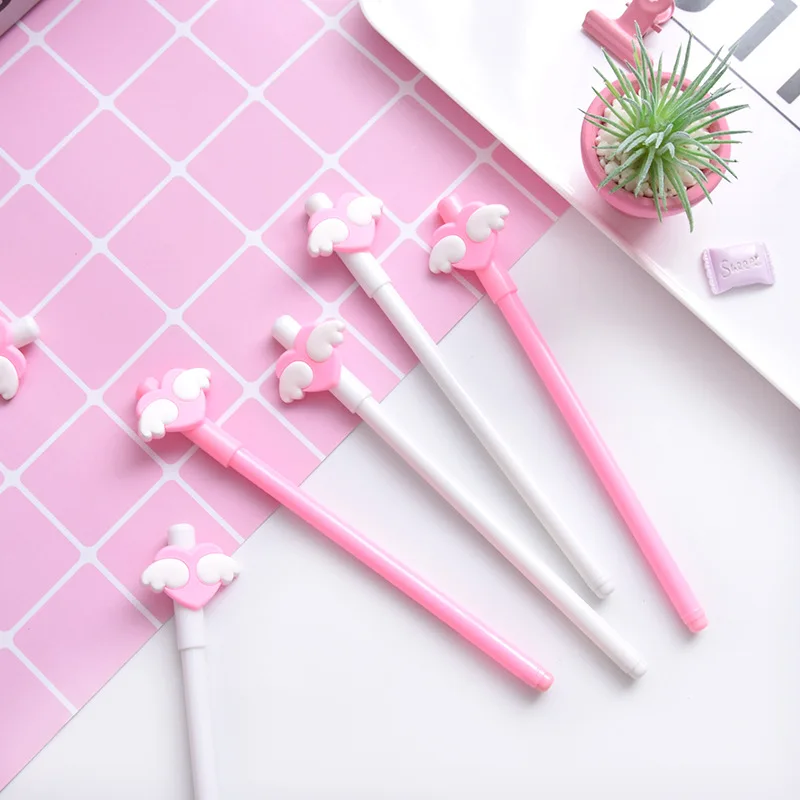 24 PCS Pink Girl Heart Lovely Wings Black Neutral Pen Students Office Kawaii  stationary School Supplies Pen for Writing