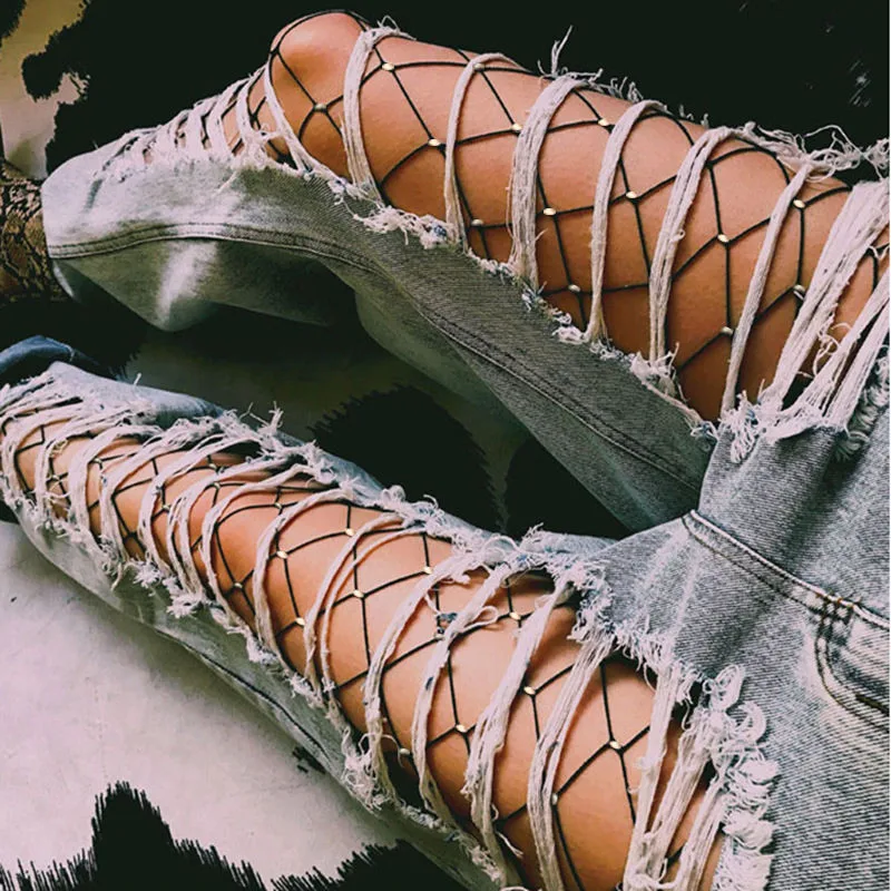 Женские чулки прозрачные стразы большие сетчатые в сетку колготки|mesh stockings|women