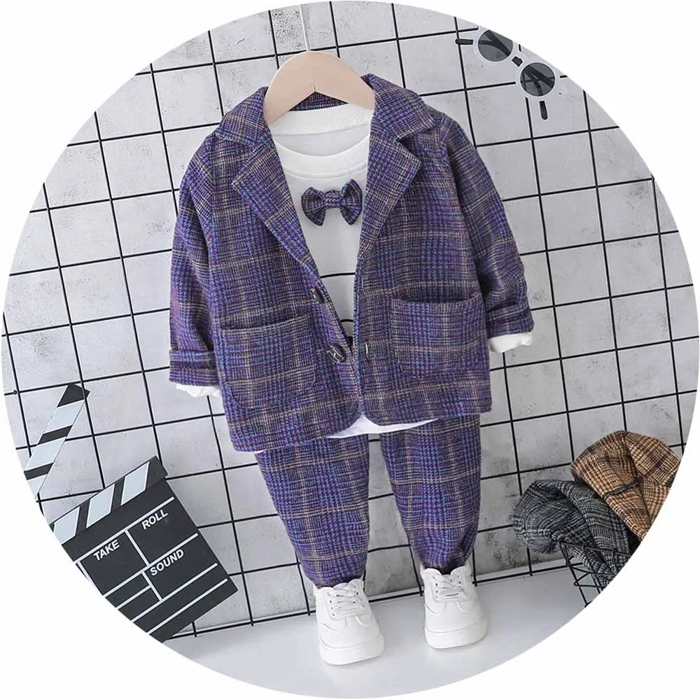 Purple Комплекты одежды для маленьких мальчиков коллекция года, осенние детские костюмы детские пальто в джентльменском стиле футболка и штаны костюмы для мальчиков ясельного возраста из 3 предметов - Цвет: Purple