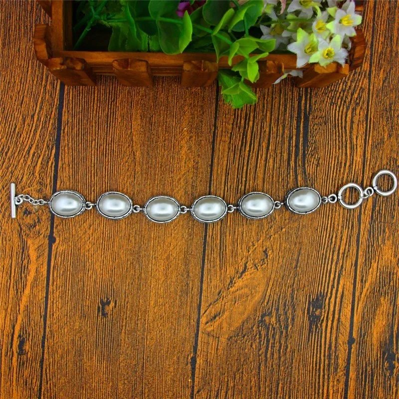 Овальный жемчужный браслет для Для женщин Винтаж Strand Античный Посеребренная