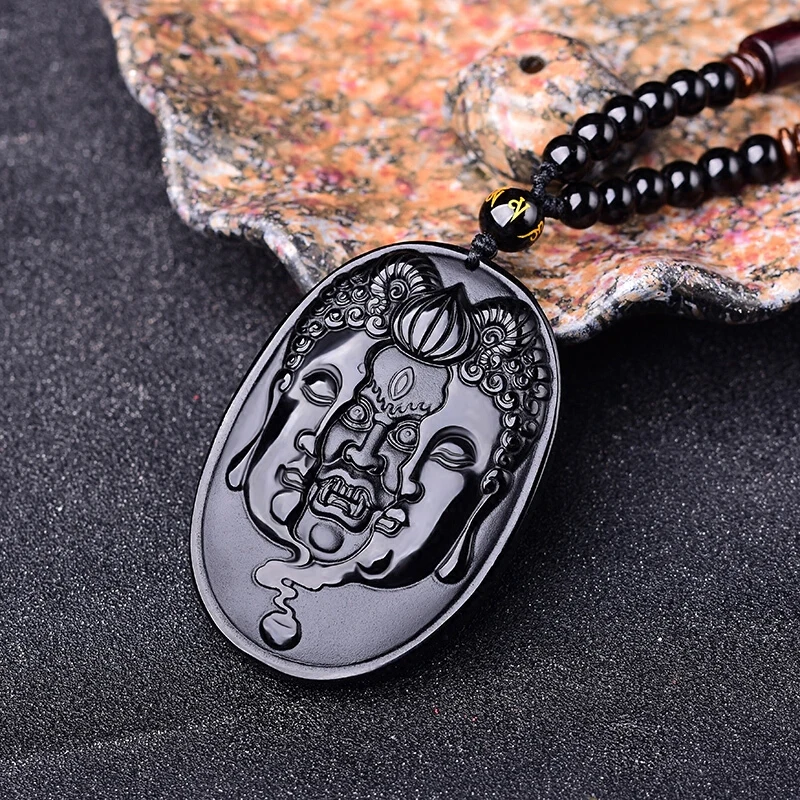 57x40mm Beautiful Natural Black Obsidian Carved Buddhism Amulet Lucky Pendant + Beads Necklace Fashion Crystal Jewelry |