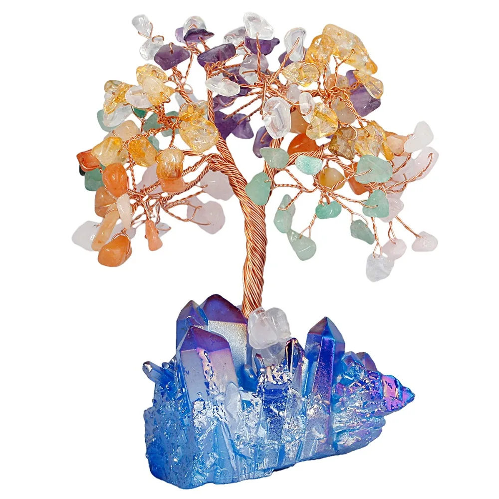 

TUMBEELLUWA Colorful Crystal Money Tree, Blue Aura Titanium Coated Quartz Cluster Base Bonsai Decoration for Wealth and Luck