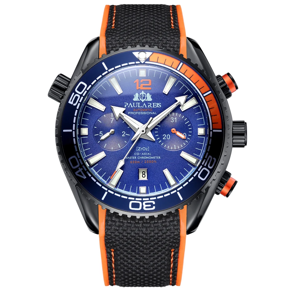 Black Orange Blue Мужские автоматические механические холщовые часы с резиновым ремешком James Bond 007, стильные многофункциональные часы с датой и месяцем, цвет оранжевый, синий, красный - Цвет: Black Orange Blue
