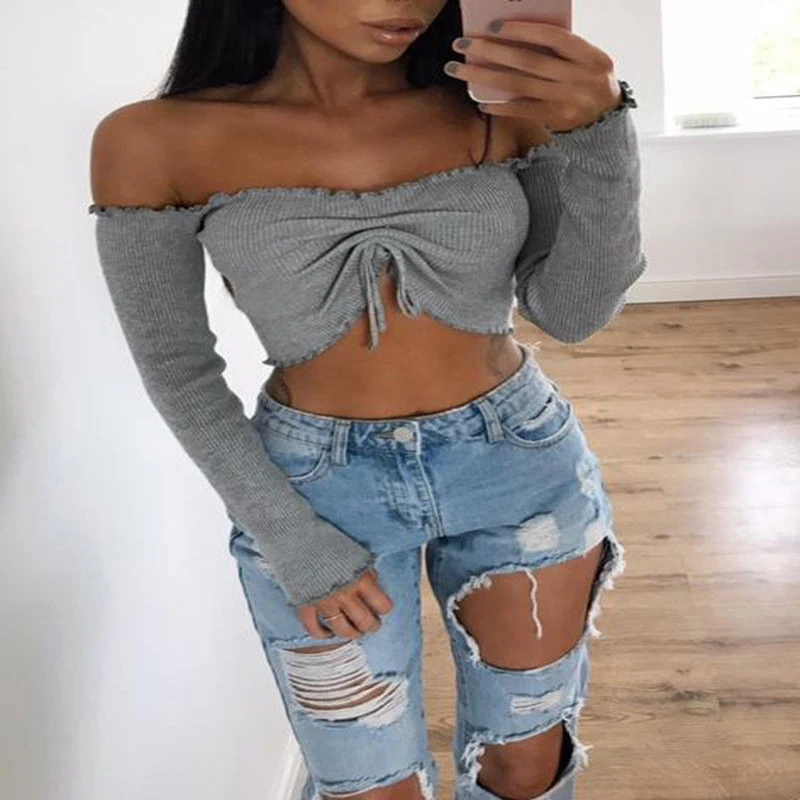Женский вязаный свитер короткий топ с длинным рукавом и вырезом лодочкой|off shoulder