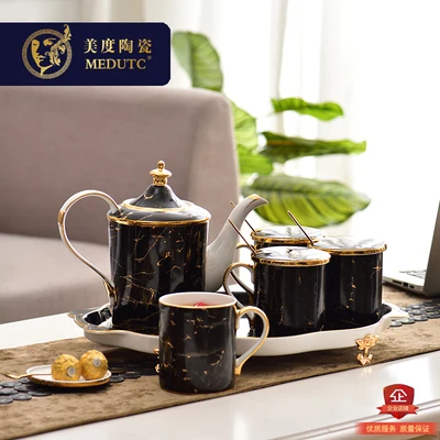 

American Ceramic Coffee Set Cold Water Pot Black Gold Marble Afternoon Tea Set With Tray Cup With Lid And spoon Home Drinkware