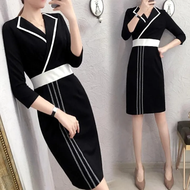 

Vintage Work Office Business Wear Dress Women Elegant Stylish V Neck Patchwork Slim Bodycon Pencil Midi Dress Vestidos Plus Size