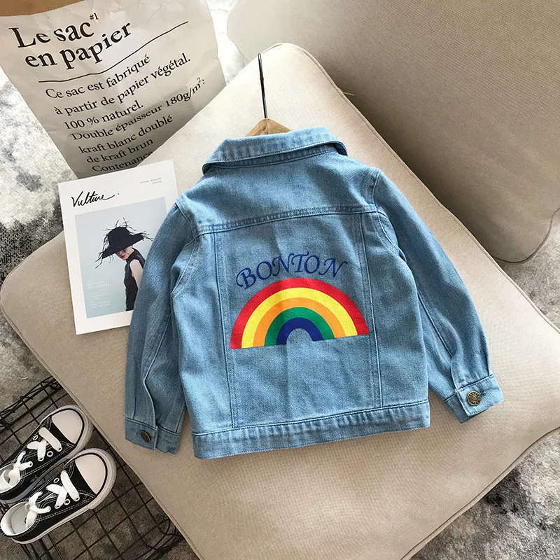 LILIGIRL/модные куртки с длинными рукавами для девочек Джинсовая Верхняя одежда с вышивкой радуги для мальчиков, пальто для маленьких детей, верхняя одежда, ветровка
