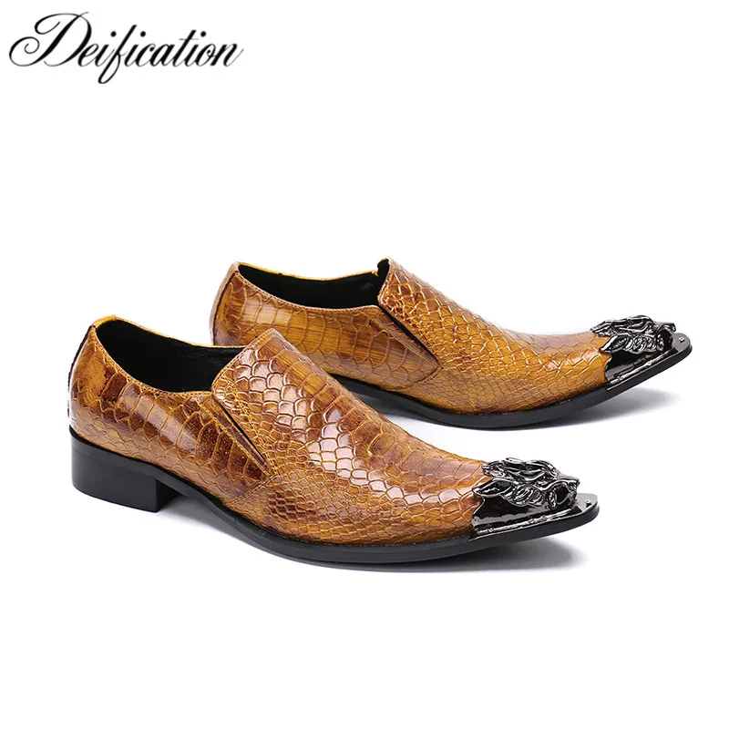 

Deification Luxury Metal Pointy Toe Business Formal Shoes Men's Flats Slip-On Brown Leather Shoes Fashion Dress Shoes For Men