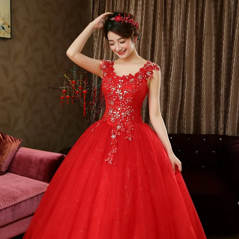 На заказ стиль сексуальный узор Аппликация Белый Vestido de Noiva кружева Блестящий Кристалл Бисером Груди Винтаж свадебное платье QH83 - Цвет: Красный