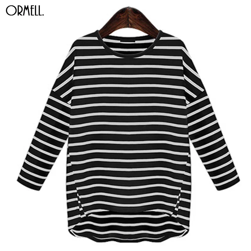 ORMELL Women Loose Side Split Long T Shirt O-Neck Sleeve Shirts Bacis Brief Stripped Femininas European Casual Tops | Женская одежда