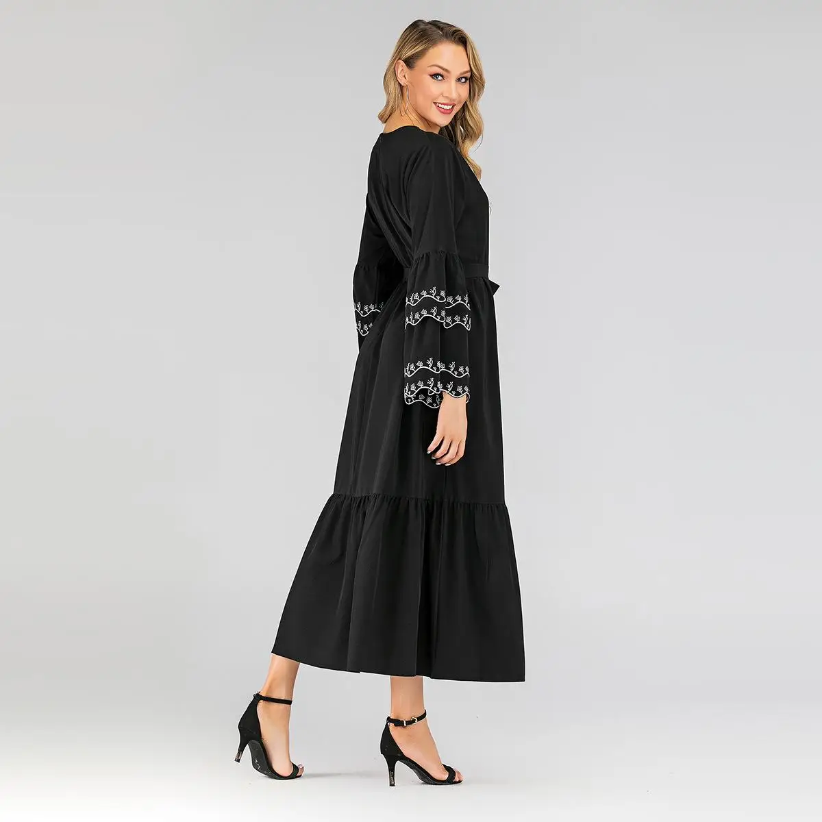Abaya Women Muslim Long Sleeve Maxi Dress Islamic Arab Loose Robes Lady Gown Ruffle Puff Draped Design O-neck Dubai | Тематическая