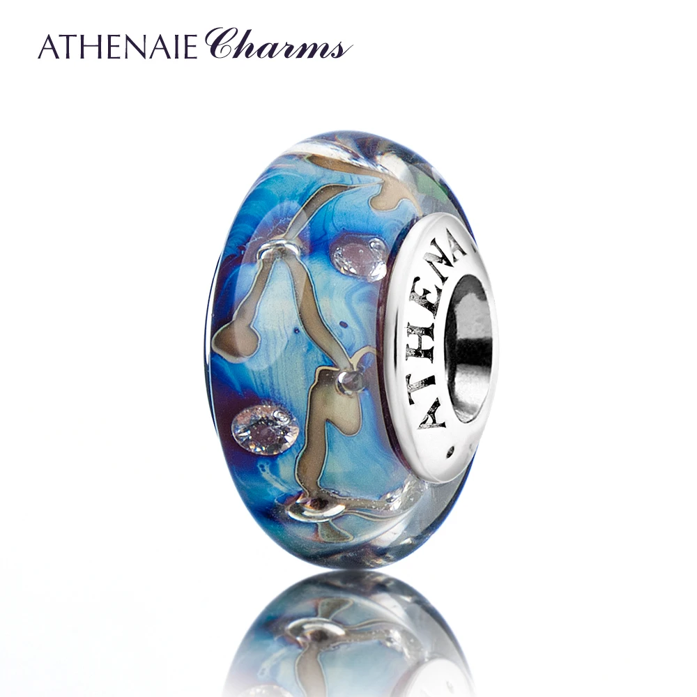 ATHENAIE, настоящее муранское стекло, 925 серебро, сердечник, звезды ночей, шарм, бисер, подходит для европейских браслетов, цвет синий, рождественские украшения