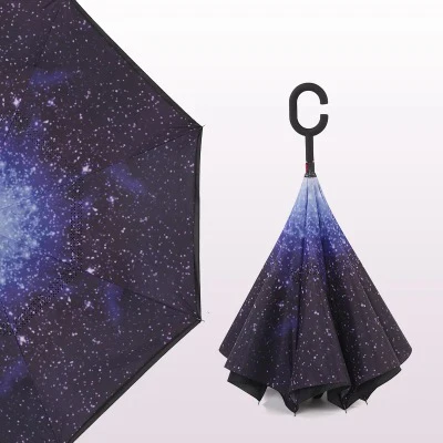 Drop shipping Windproof C-type Folding reverse umbrella hands-free rain/sun women/men outdoor double Layer Inverted zizihua - Цвет: xingkong