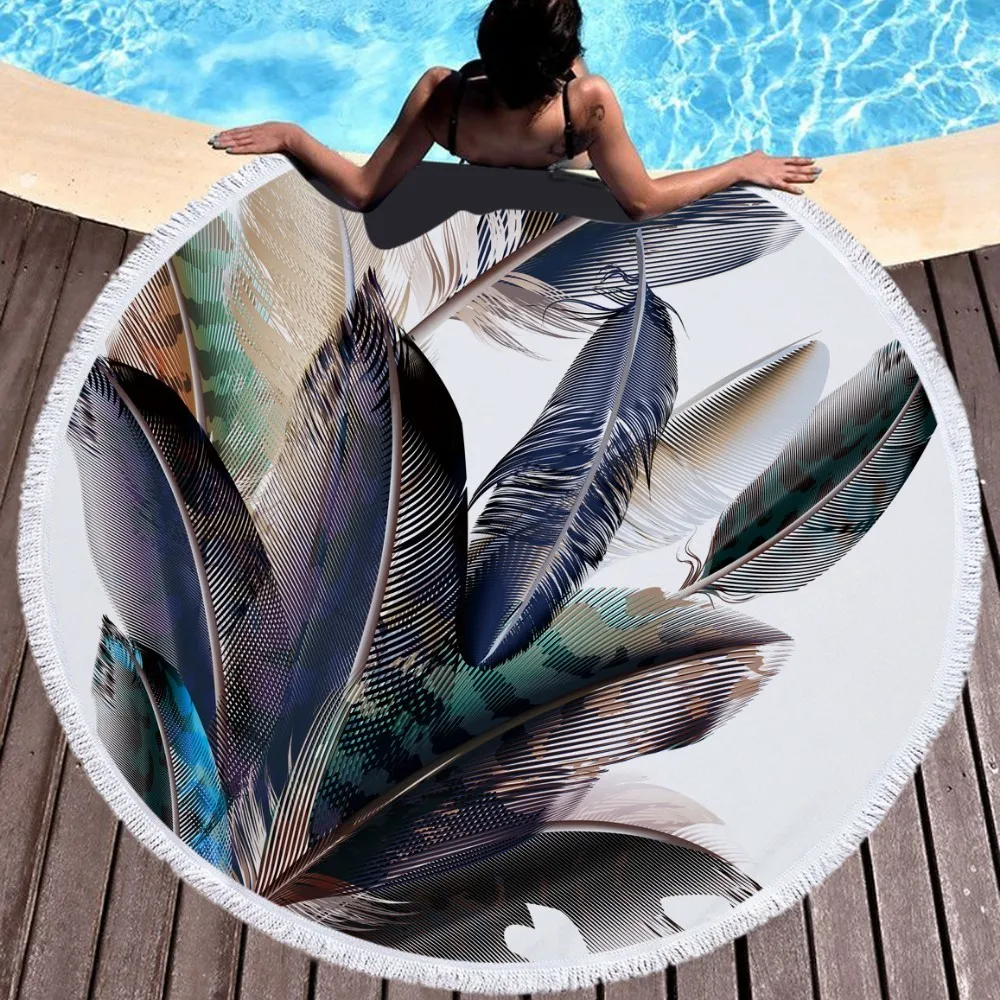 Feather 3 XC USHIO модное круглое пляжное полотенце с перьями и кисточками, 450 г, микрофибра, 150 см, купальное полотенце, гобелен, одеяло для йоги, ковер - Цвет: Feather 3