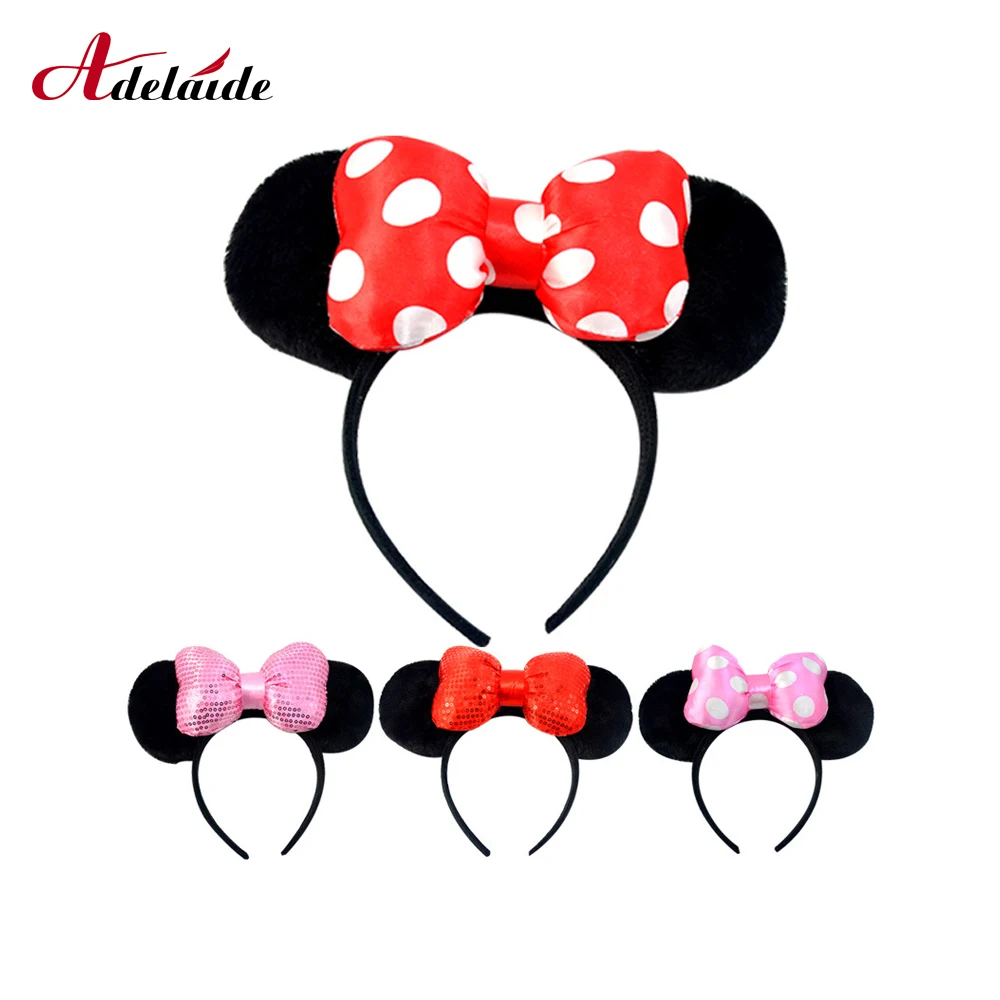 Новогодняя повязка на голову с милыми ушками Микки бантами Розовая Повязка