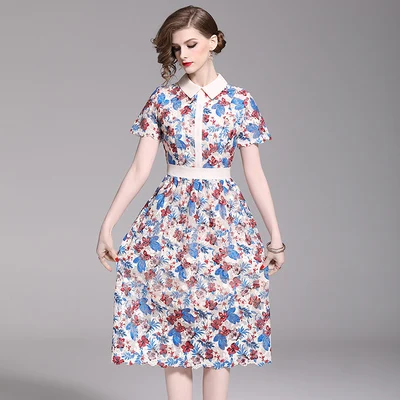 

Elegant Print Lace Mid-calf Sundress Women's Turn-down Collar Shirt Party Dresses Designer Brand Summer Casual Office Work Dress