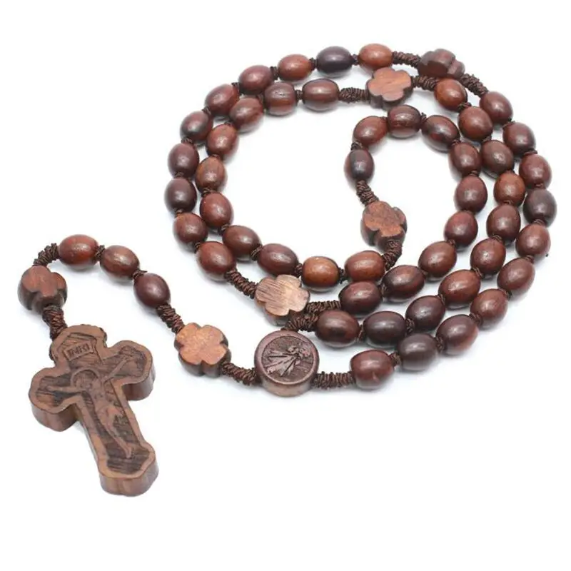 Пализандер ручной работы Деревянный Крест Подвеска Четки Ожерелье Религиозная