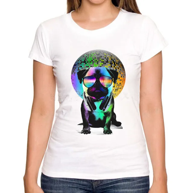 Новинка 2017 женская футболка с 3d принтом Диско/Музыка мопс модные летние стильные