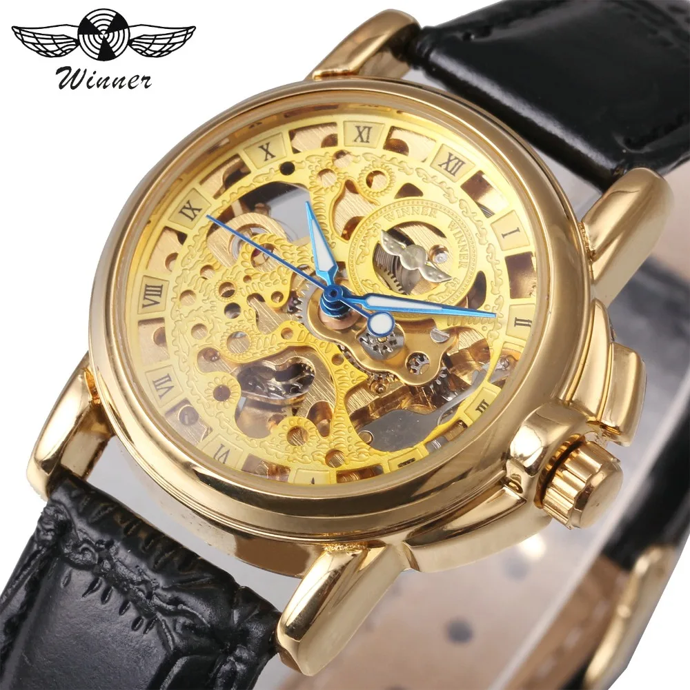 WINNER Golden Auto Механические женские часы с римскими цифрами скелетные кожаным