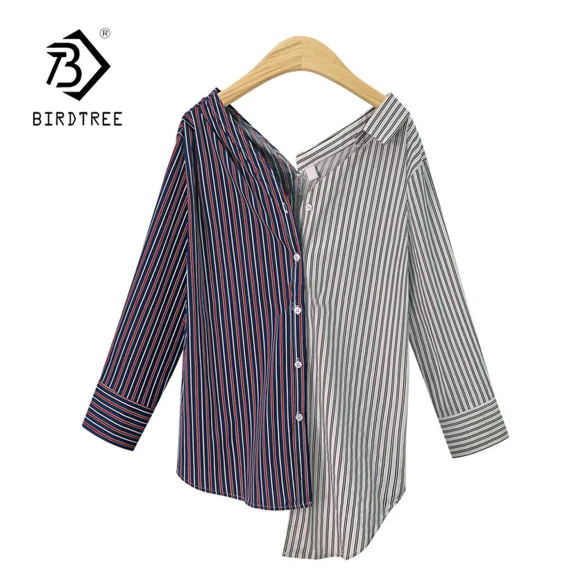 Striped Новое поступление повседневные Необычные лоскутные сексуальные рубашки в полоску с v-образным вырезом свободного кроя однобортный школьный топ размера плюс T88401F - Цвет: Striped