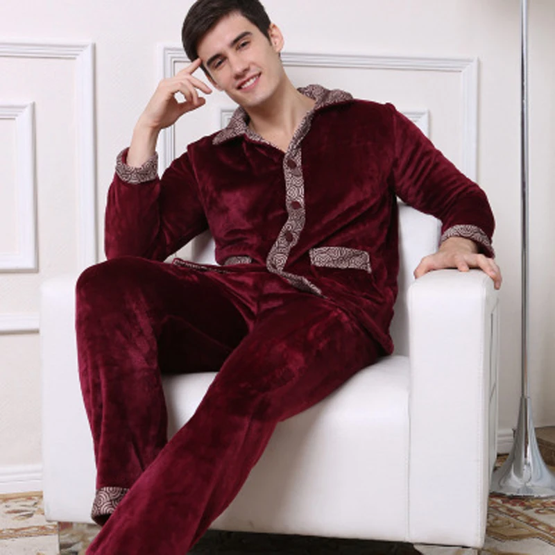 Winter Men's Pajamas Long Sleeve Sleepwear 100% Flannel Solid Men's Sleepwear Home Lounge Pajama Sets Plus size Sleepwear