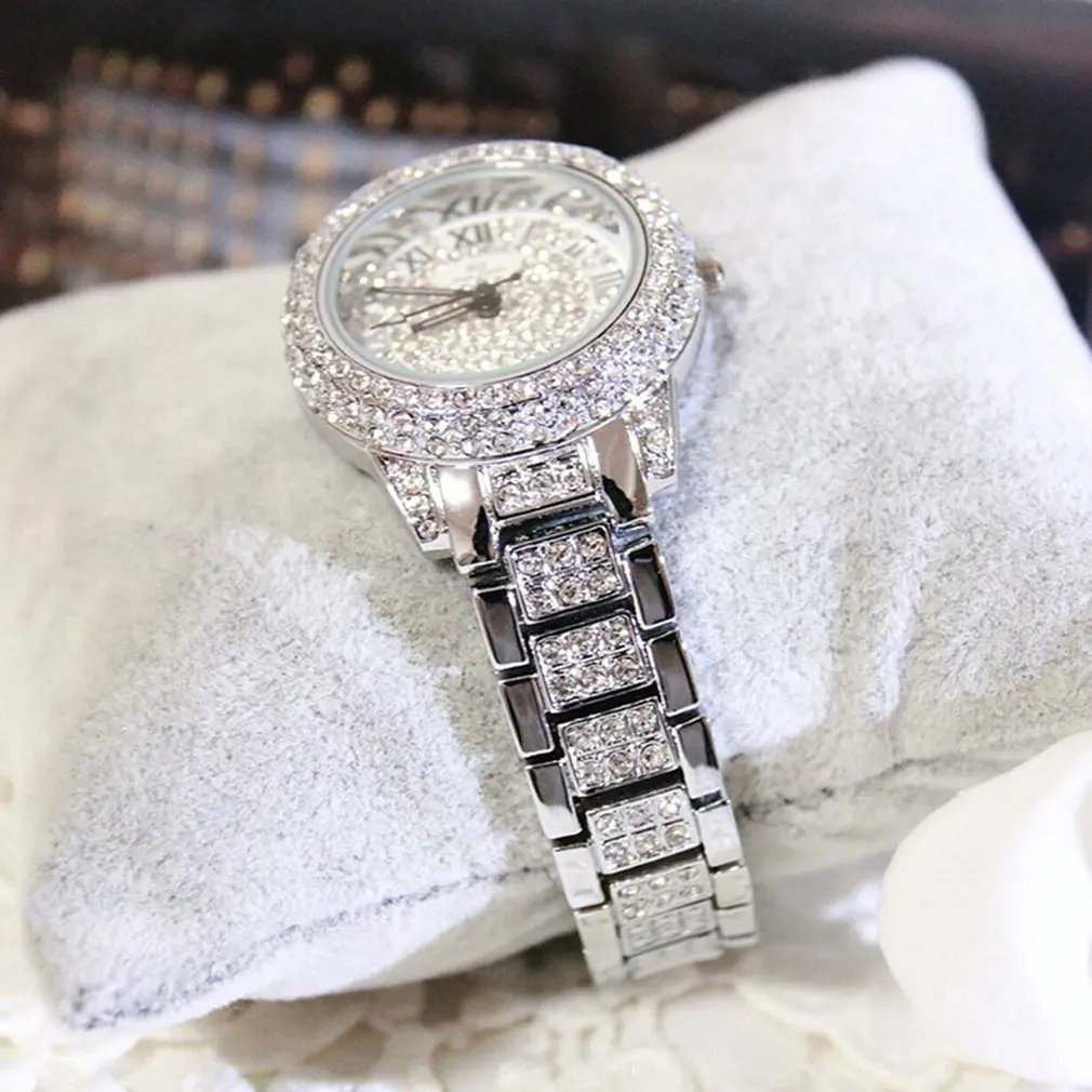 Round Dial Women's Watches With Rhinestones Alloy Band Ladies Female Quartz Movement Wristwatch | Наручные часы